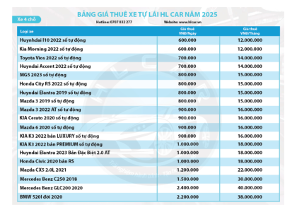 Bảng giá thuê xe 4 chỗ